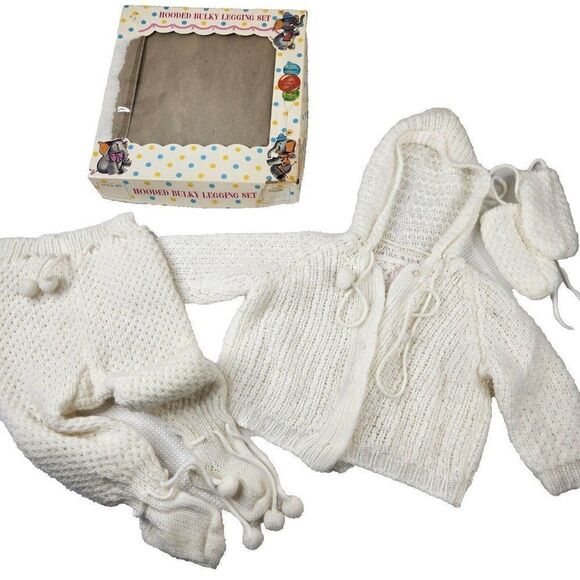 Vintage 50s 60s Baby Infant Layette Hooded Knit Sweater Leggings Set White 12 Mo - Picture 1 of 9